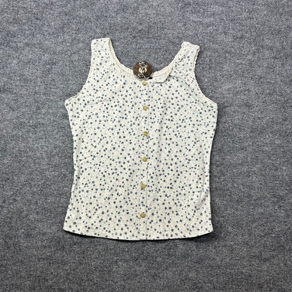 Art Class Button Tank Girls Floral Ribbed Knit Crochet Trim Sleeveless Top Large